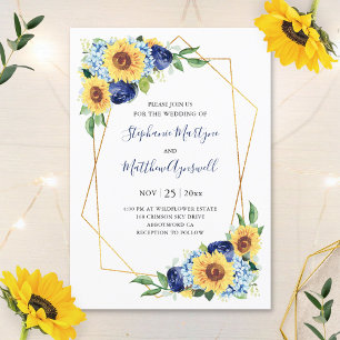 Invitation Tournesol Géométrique Dusté Bleu Mariage Floral