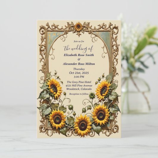 Invitation Tournesol jaune avec cadre d'art mariage (Debout devant)