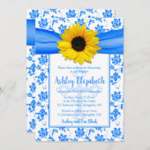 Invitation Tournesol jaune bleu Damas Première communion (Devant / Derrière)