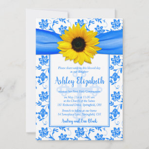 Invitation Tournesol jaune bleu Damas Première communion