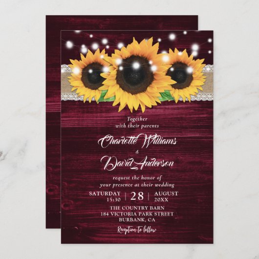 Invitation Tournesol jaune bordeaux Mariage rustique (Devant / Derrière)