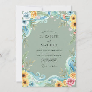 Invitation Tournesol Jaune Eucalyptus Azur Mariage