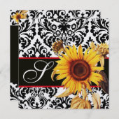 INVITATION TOURNESOL JAUNE  NOIR BLANC  DAMAS MONOGRAMME (Devant / Derrière)
