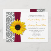 Invitation Tournesol Jaune Pewer Grey Damask Mariage rouge (Devant / Derrière)