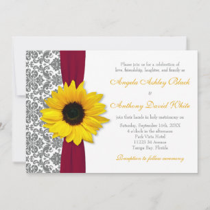 Invitation Tournesol Jaune Pewer Grey Damask Mariage rouge