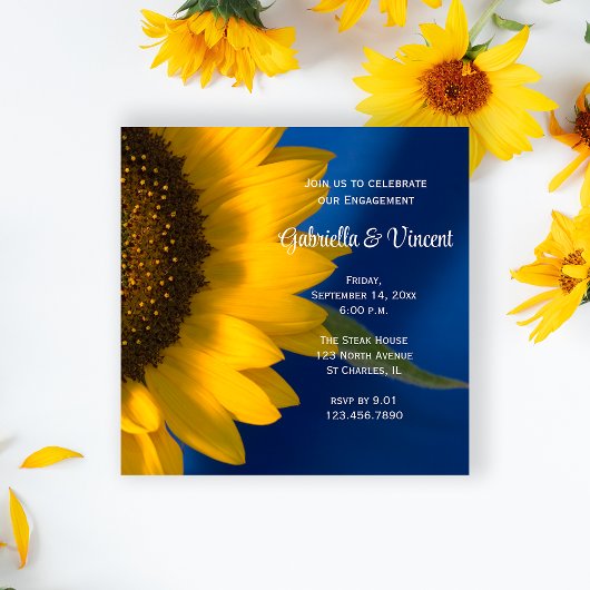 Invitation Tournesol jaune sur Blue Engagement Party