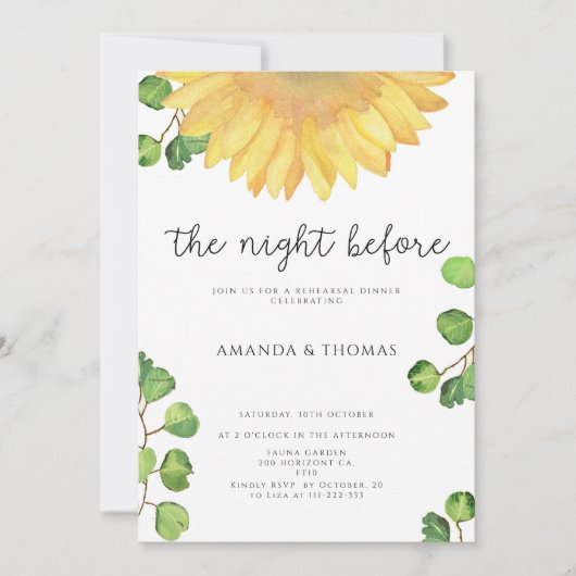 Invitation Tournesol la nuit avant le dîner de répétition (Devant)
