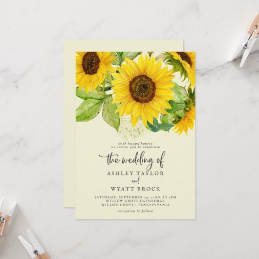 Invitation Tournesol | Mariage avant et arrière jaune (Devant/Arrière en situation)