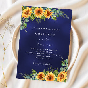 Invitation tournesol mariage bleu marine eucalyptus vert