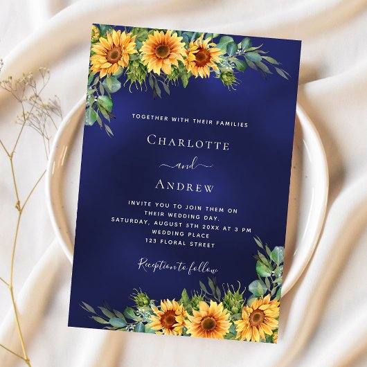Invitation tournesol mariage bleu marine eucalyptus vert