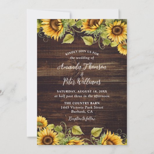 Invitation Tournesol Mariage en bois rustique (Devant)