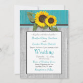 Invitation Tournesol Mariage rustique Turquoise en bois gris  (Devant)