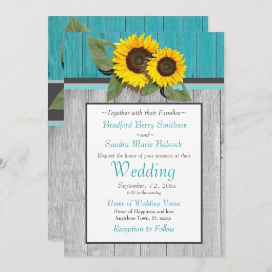 Invitation Tournesol Mariage rustique Turquoise en bois gris  (Devant / Derrière)