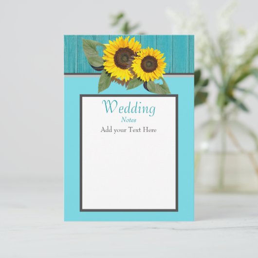 Invitation Tournesol Mariage rustique Turquoise en bois gris  (Debout devant)