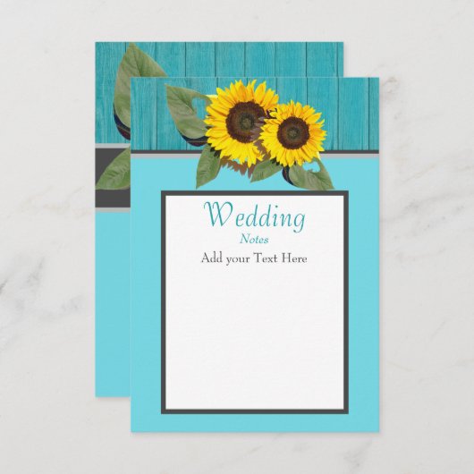 Invitation Tournesol Mariage rustique Turquoise en bois gris  (Devant / Derrière)