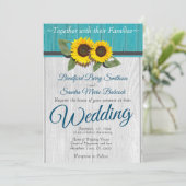 Invitation Tournesol Mariage rustique Turquoise Gris de bois (Debout devant)