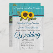 Invitation Tournesol Mariage rustique Turquoise Gris de bois (Devant / Derrière)