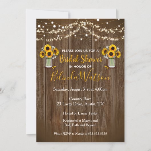 Invitation Tournesol Mason Jar Rustique Mariage de Fête des m (Devant)