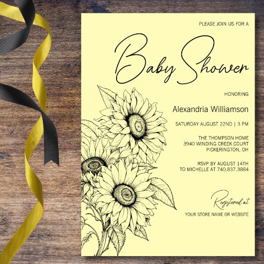 Invitation Tournesol minimaliste sur Baby shower jaune
