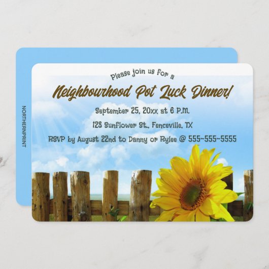 Invitation Tournesol modifiable et clôture en bois pour fête (Devant / Derrière)