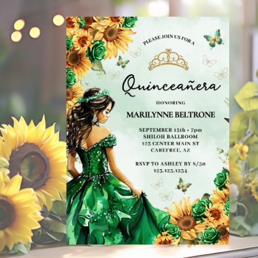 Invitation Tournesol Papillon vert Princesse Quinceañera