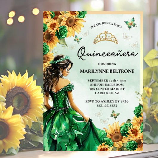 Invitation Tournesol Papillon vert Princesse Quinceañera