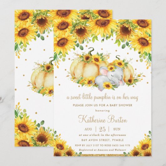 Invitation Tournesol Petit Citrouille Elephant Baby shower fi (Devant / Derrière)