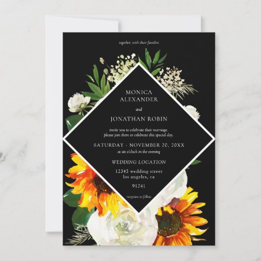 Invitation Tournesol & Rose Blanche Artsy Fleurs Mariage - No (Devant)