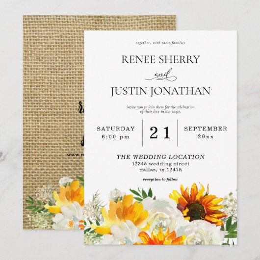 Invitation Tournesol & Rose Blanche Mariage Floral - Burlap 2 (Devant / Derrière)
