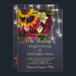 Invitation Tournesol rose lumières d'hiver rustique mariage d<br><div class="desc">Mariage campagnard rustique célébration et réception élégante invitation modèle sur tableau noir bleu marine arrière - plan avec de grands tournesols d'or jaune et bouquets de rose bordeaux rouge, cordes de lumières blanches scintillantes, et un script de typographie d'or élégant. Facile à personnaliser avec vos détails ! Vous pouvez choisir...</div>