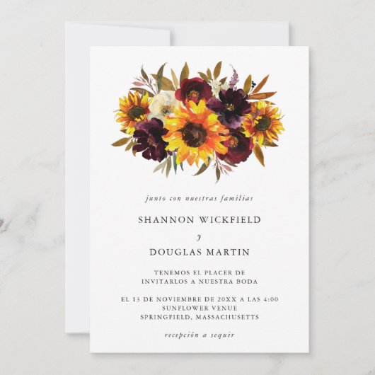 Invitation Tournesol Rose Russe Automne Espagnol Mariage (Devant)
