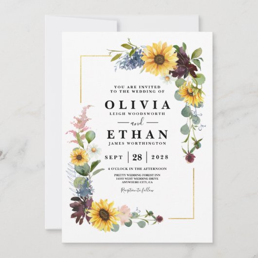 Invitation Tournesol Roses Bourgogne Bleu Rustique (Devant)