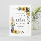 Invitation Tournesol Roses Bourgogne Bleu Rustique (Debout devant)