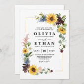 Invitation Tournesol Roses Bourgogne Bleu Rustique (Devant / Derrière)