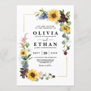 Invitation Tournesol Roses Bourgogne Bleu Rustique