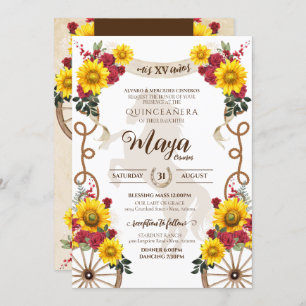 Invitation Tournesol & Roses Rouges Rustique Charro Quinceane