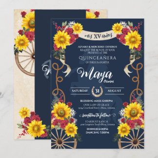 Invitation Tournesol & Roses Rouges Rustique Charro Quinceane