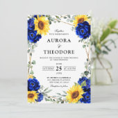 Invitation Tournesol royal bleu rustique Mariage géométrique  (Debout devant)