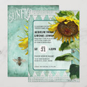 Invitation Tournesol Rustique Aqua Bleu Blanc dentelle Jardin (Devant / Derrière)