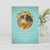 Invitation Tournesol Rustique Aqua Mariage de bois Fête des m (Debout devant)