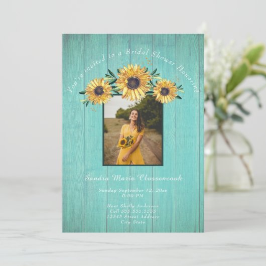 Invitation Tournesol Rustique Aqua Mariage de bois Fête des m (Debout devant)