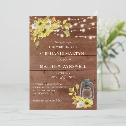 Invitation Tournesol Rustique Automne Lumières Mariage en boi (Debout devant)