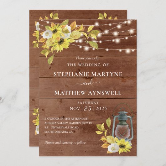 Invitation Tournesol Rustique Automne Lumières Mariage en boi (Devant / Derrière)