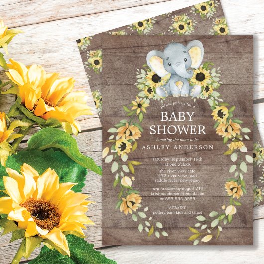 Invitation Tournesol rustique & Baby shower éléphant bébé