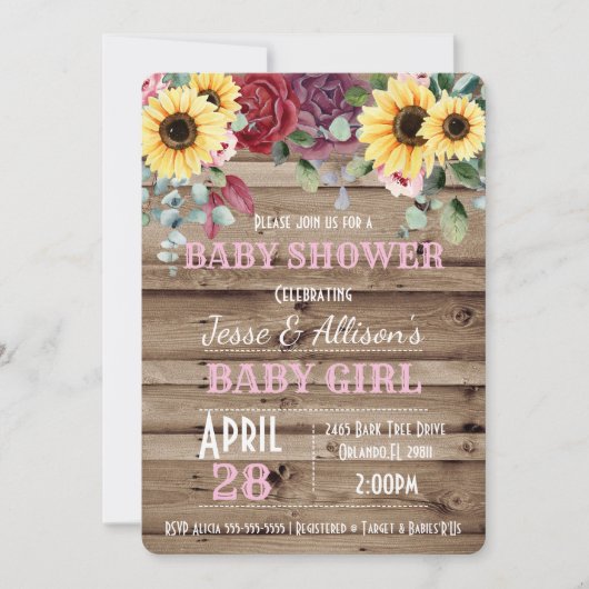 Invitation Tournesol rustique / Baby shower Floral Rose (Devant)