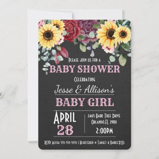 Invitation Tournesol rustique / Baby shower Floral Rose Invit (Devant)