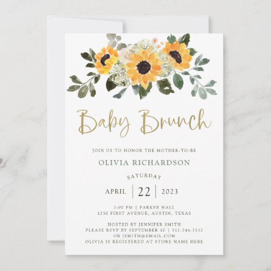 Invitation Tournesol rustique | Bébé Brunch avec Gold Script (Devant)