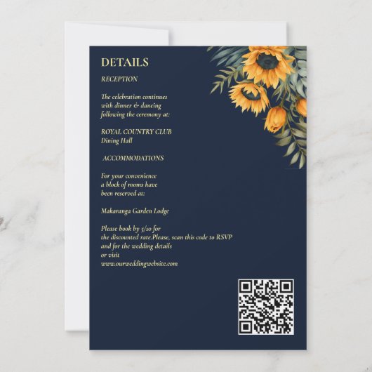 Invitation tournesol rustique bleu marine mariage de automne  (Dos)