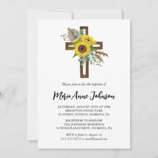 Invitation Tournesol Rustique Boho Boho Boisé Croix Baptême (Devant)