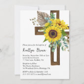 Invitation Tournesol Rustique Boho Boho Boisé Croix Baptême (Devant)